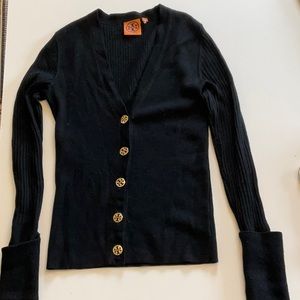 Tory Burch 100% merino wool ribbed black cardigan XS